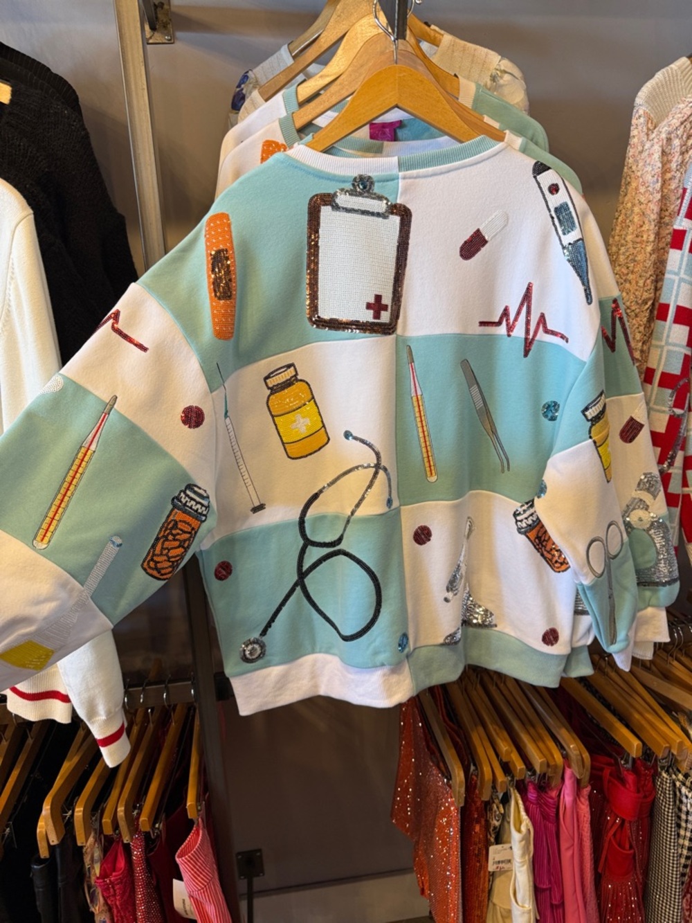 QUEEN OF SPARKLES Light Blue & White Checkered Medical Instrument Sweatshirt - Picture 3 of 3